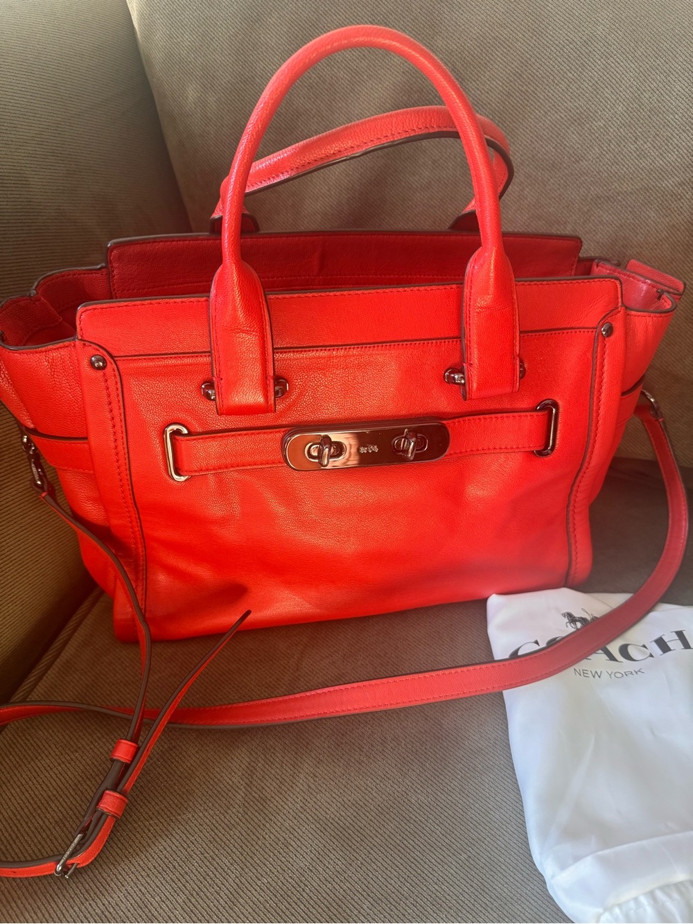 Coach Rhyder Satchel F33689 Coral Leather Shoulder Bag + Dust Bag